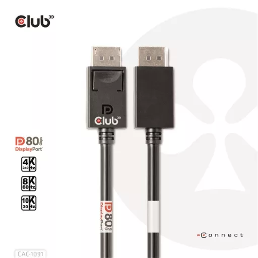 Club 3D Kábel - CAC-1091 (DisplayPort 2.1,  DP80, 4K240Hz, 1.2m, Bidirectional, M/M)