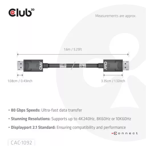 Club 3D Kábel - CAC-1092 (DisplayPort 2.1, DP80, 8K240Hz, 1.6m, Bi-Directional, M/M)