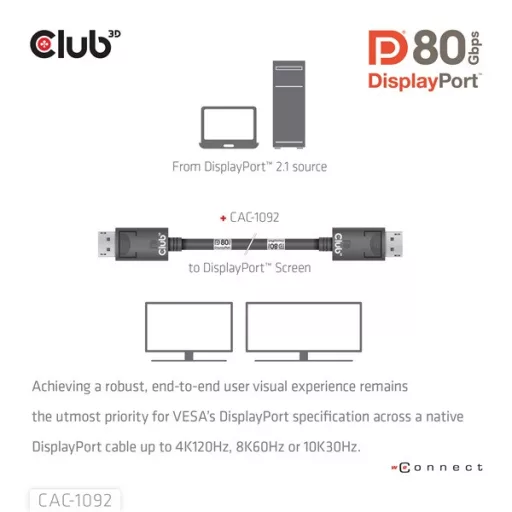 Club 3D Kábel - CAC-1092 (DisplayPort 2.1, DP80, 8K240Hz, 1.6m, Bi-Directional, M/M)