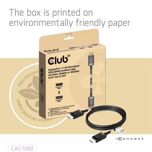 Club 3D Kábel - CAC-1092 (DisplayPort 2.1, DP80, 8K240Hz, 1.6m, Bi-Directional, M/M)