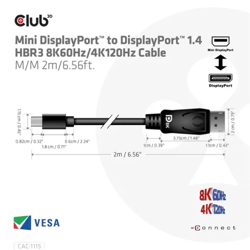 Club 3D Kábel - CAC-1115 (Mini DisplayPort to DisplayPort 1.4 HBR3, 8K60Hz/4K120Hz, 2m, kétirányú)