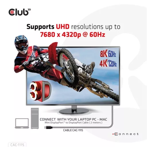 Club 3D Kábel - CAC-1115 (Mini DisplayPort to DisplayPort 1.4 HBR3, 8K60Hz/4K120Hz, 2m, kétirányú)
