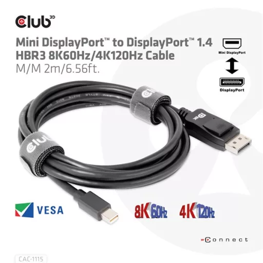 Club 3D Kábel - CAC-1115 (Mini DisplayPort to DisplayPort 1.4 HBR3, 8K60Hz/4K120Hz, 2m, kétirányú)