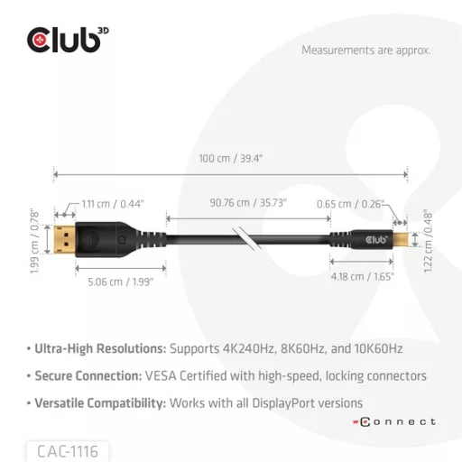 Club 3D Kábel - CAC-1116 (Mini DisplayPort to DisplayPort, DP80, Bidirektional, VESA, 4K240Hz, 8K60Hz, 10K60Hz, 1m)