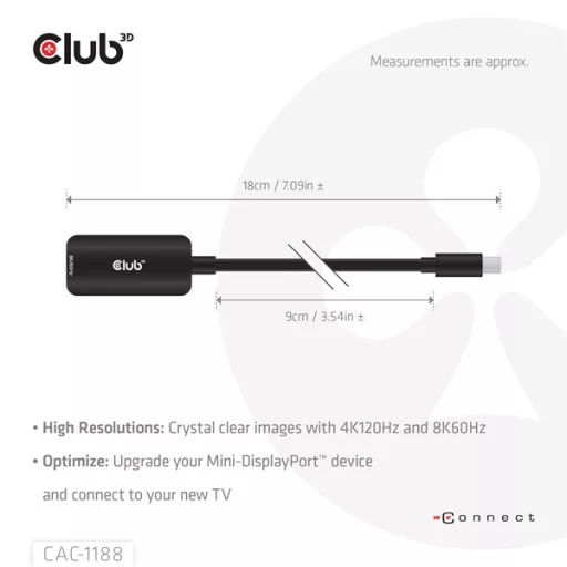 Club 3D Átalakító - CAC-1188 (Mini DisplayPort 1.4 to HDMI 8K60Hz, aktív, HDCP 2.2, 9cm)