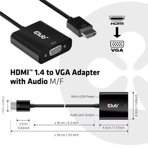 Club 3D Átalakító - CAC-1302 (HDMI 1.4 to VGA + Audio, 1080p@60Hz, Micro USB power)