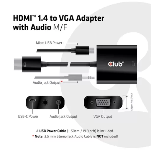 Club 3D Átalakító - CAC-1302 (HDMI 1.4 to VGA + Audio, 1080p@60Hz, Micro USB power)