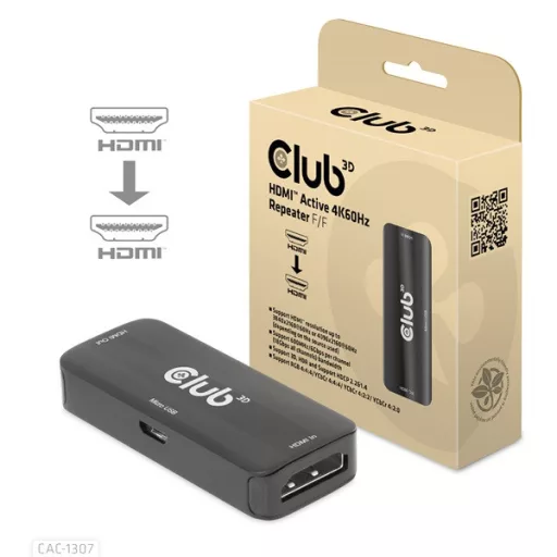 Club 3D Átalakító - CAC-1307 (HDMI aktív ismétlő 4K60Hz, Micro USB tápellátás, 18Gbps, 3D, HDR, HDCP 2.2&1.4)