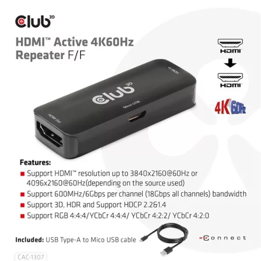 Club 3D Átalakító - CAC-1307 (HDMI aktív ismétlő 4K60Hz, Micro USB tápellátás, 18Gbps, 3D, HDR, HDCP 2.2&1.4)
