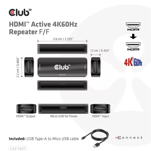 Club 3D Átalakító - CAC-1307 (HDMI aktív ismétlő 4K60Hz, Micro USB tápellátás, 18Gbps, 3D, HDR, HDCP 2.2&1.4)