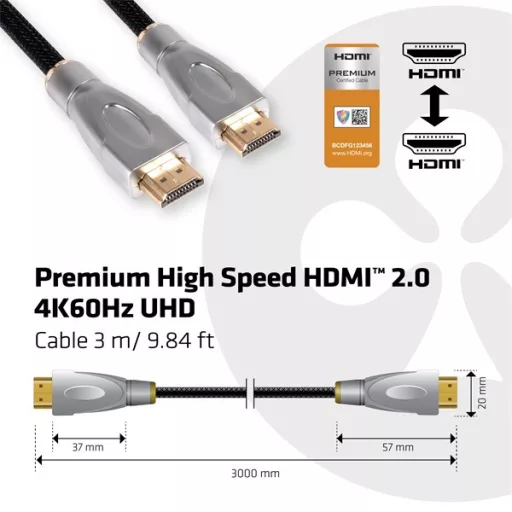 Club 3D Kábel - CAC-1310 (HDMI 2.0 Premium High Speed, 4K60Hz, 3m, UHD, ethernet, HDR, 18Gbps, Full HD 3D, M/M)