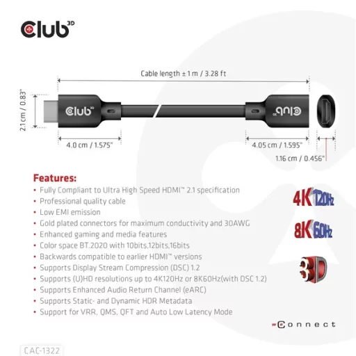 Club 3D Kábel - CAC-1322 (HDMI 2.1 Ultra High Speed, 4K120Hz 8K60Hz, 30AWG, 48Gbps, 1m, M/F)