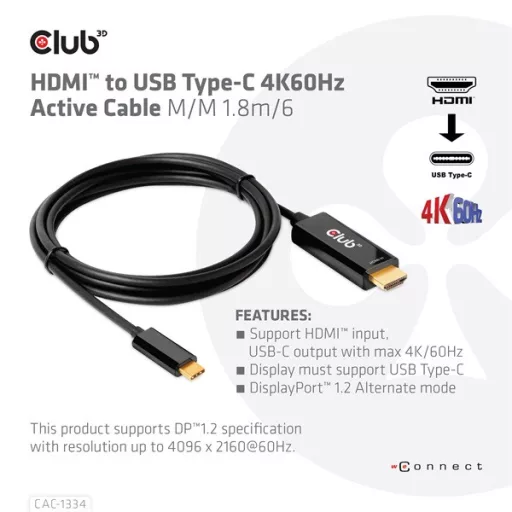 Club 3D Kábel - CAC-1334 (HDMI to USB-C, Aktív, M/M, 4K60Hz, 1.8m)