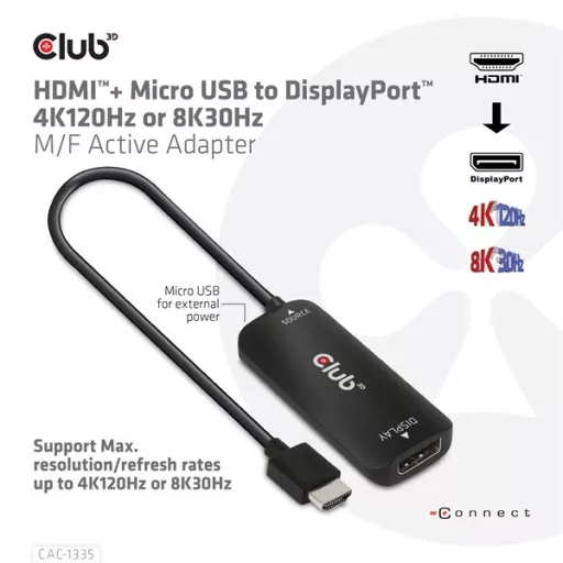 Club 3D Átalakító - CAC-1335 (HDMI+Micro USB to DisplayPort, 4K120Hz/8K30Hz, M/F, aktív)
