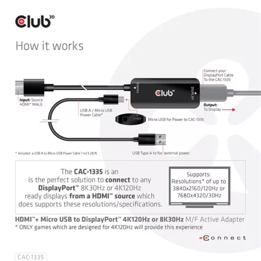 Club 3D Átalakító - CAC-1335 (HDMI+Micro USB to DisplayPort, 4K120Hz/8K30Hz, M/F, aktív)