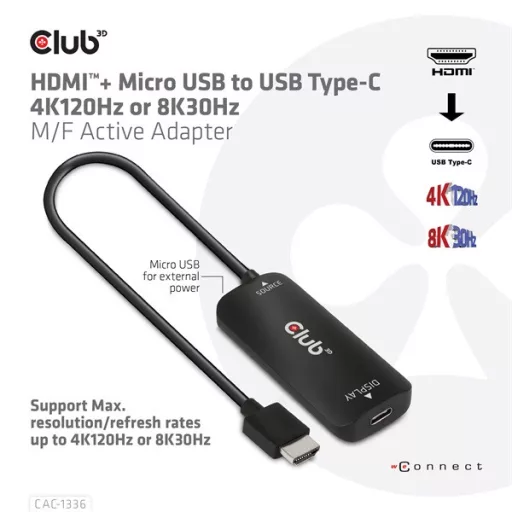 Club 3D Átalakító - CAC-1336 (HDMI+Micro USB to USB-C, 4K120Hz/8K30Hz)