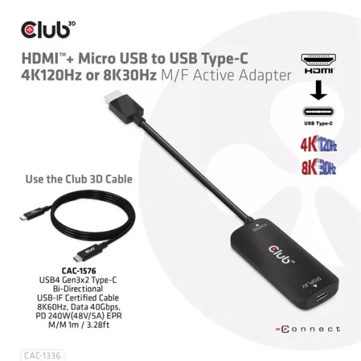 Club 3D Átalakító - CAC-1336 (HDMI+Micro USB to USB-C, 4K120Hz/8K30Hz)