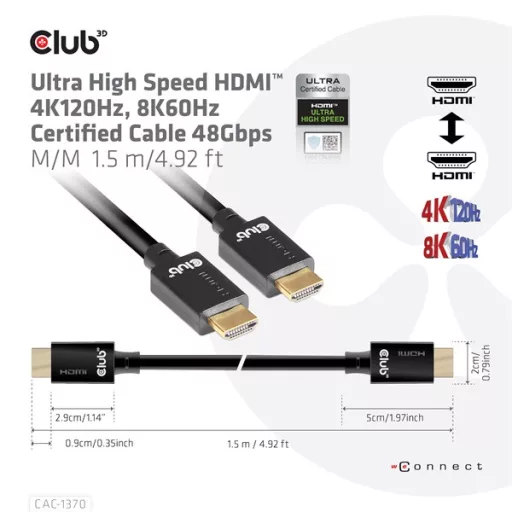 Club 3D Kábel - CAC-1370 (HDMI 2.1 Ultra High-Speed, 48Gbps, 4K120Hz, 8K60Hz, 1.5m, HDMI M/M, alacsony EMI, VRR, QMS)