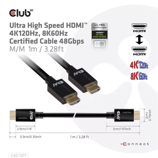 Club 3D Kábel - CAC-1371 (HDMI 2.1 Ultra High Speed, 4K120Hz, 8K60Hz, 48Gbps, M/M, 1m)