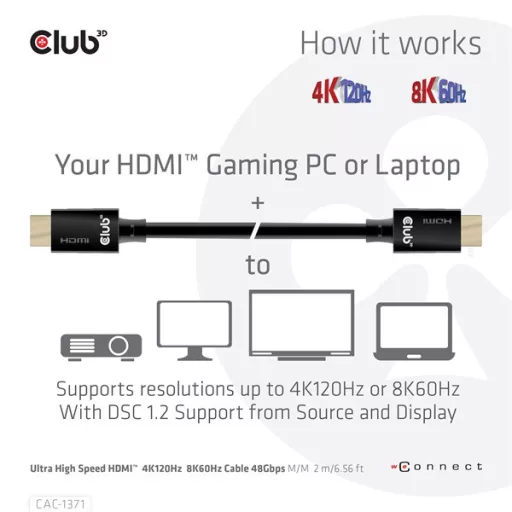 Club 3D Kábel - CAC-1371 (HDMI 2.1 Ultra High Speed, 4K120Hz, 8K60Hz, 48Gbps, M/M, 1m)