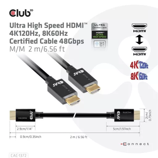 Club 3D Kábel - CAC-1372 (HDM 2.1, 4K120Hz, 8K60Hz, 48Gbps, 2m, M/M)