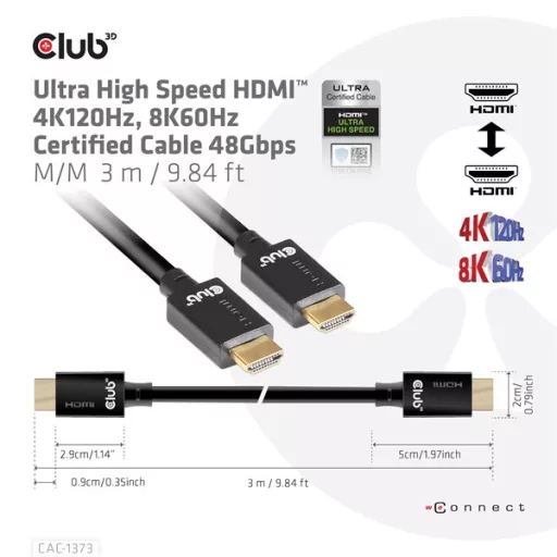 Club 3D Kábel - CAC-1373 (HDMI 2.1 Ultra High-Speed, 48Gbps, 4K120Hz, 8K60Hz, M/M, 3m)
