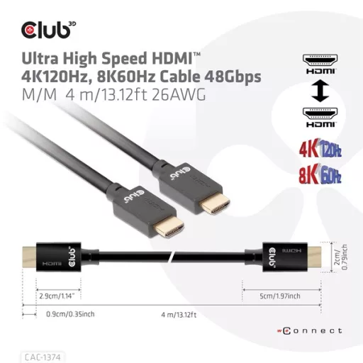 Club 3D Kábel - CAC-1374 (HDMI 2.1 Ultra High-Speed, M/M, 4K120Hz, 8K60Hz, 48Gbps, 4m, 26AWG)