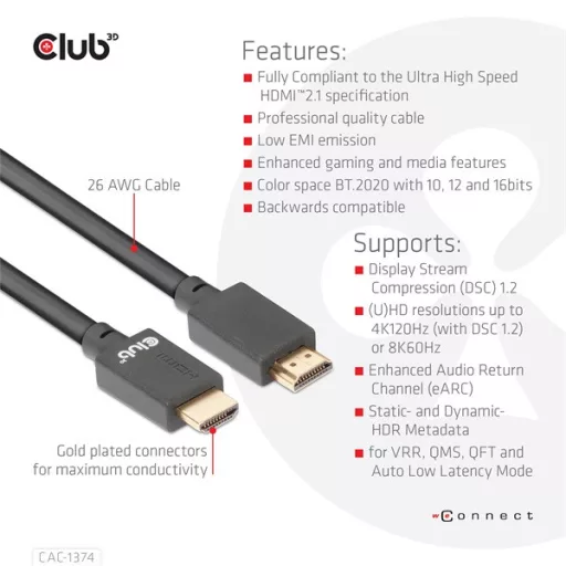 Club 3D Kábel - CAC-1374 (HDMI 2.1 Ultra High-Speed, M/M, 4K120Hz, 8K60Hz, 48Gbps, 4m, 26AWG)