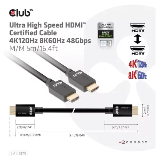 Club 3D Kábel - CAC-1375 (HDMI 2.1 Ultra High Speed, M/M, 4K120Hz, 8K60Hz, 48Gbps, 5m, VRR,QMS,QFT,eARC,HDR)