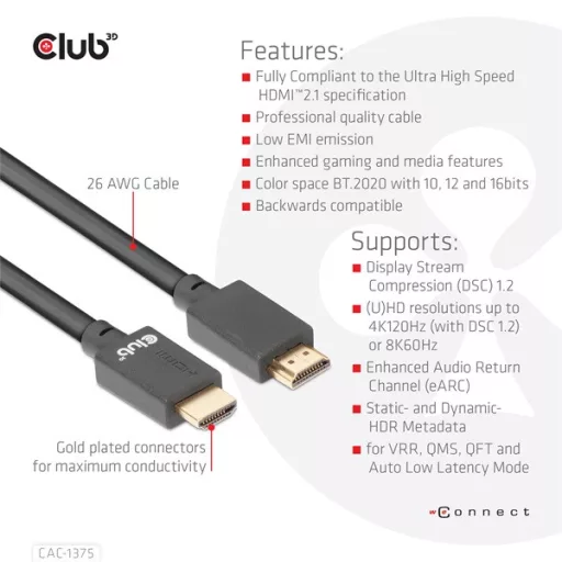 Club 3D Kábel - CAC-1375 (HDMI 2.1 Ultra High Speed, M/M, 4K120Hz, 8K60Hz, 48Gbps, 5m, VRR,QMS,QFT,eARC,HDR)