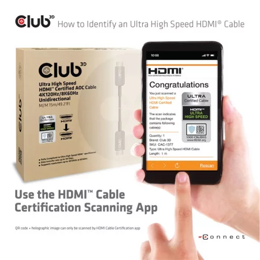 Club 3D Kábel - CAC-1377 (HDMI 2.1 Ultra High-Speed, M/M, 8K60Hz, 4K120Hz, 15m, AOC, unidirectional)