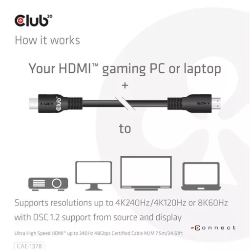 Club 3D Kábel - CAC-1378 (HDMI 2.1 Ultra High Speed, 240Hz, 48Gbps, M/M, 7.5m)