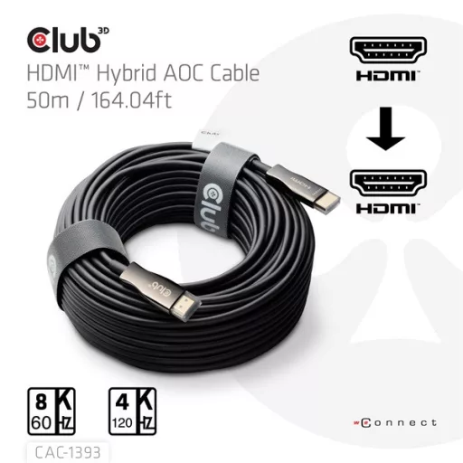 Club 3D Kábel - CAC-1393 (HDMI 2.1 Ultra High Speed, Hybrid AOC, 4K120Hz, 8K60Hz, 48Gbps, M/M, 50m)