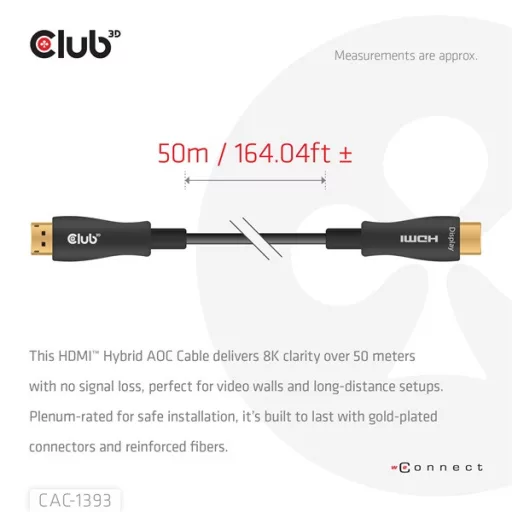 Club 3D Kábel - CAC-1393 (HDMI 2.1 Ultra High Speed, Hybrid AOC, 4K120Hz, 8K60Hz, 48Gbps, M/M, 50m)