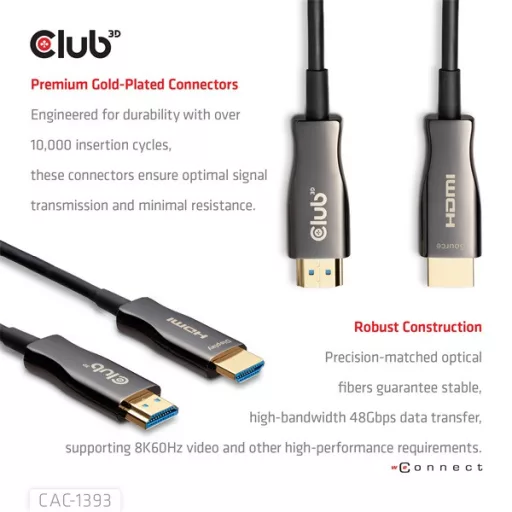 Club 3D Kábel - CAC-1393 (HDMI 2.1 Ultra High Speed, Hybrid AOC, 4K120Hz, 8K60Hz, 48Gbps, M/M, 50m)