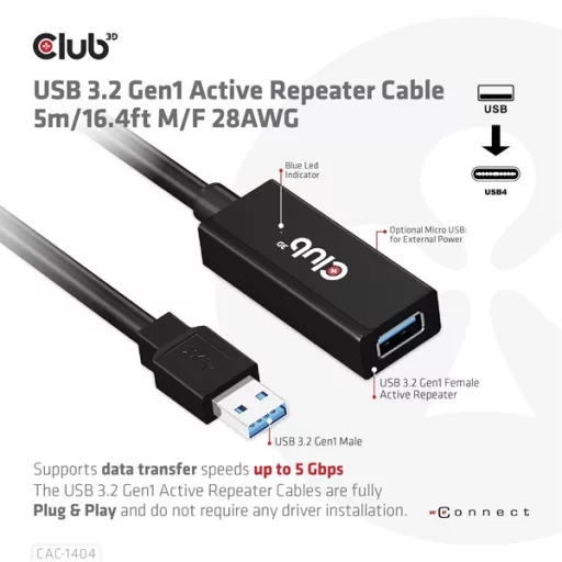 Club 3D kábel - CAC-1404 (3.2 USB-A, M/F, Active Repeater, 5Gbps, 5m)