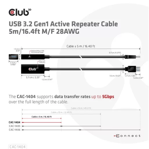 Club 3D kábel - CAC-1404 (3.2 USB-A, M/F, Active Repeater, 5Gbps, 5m)