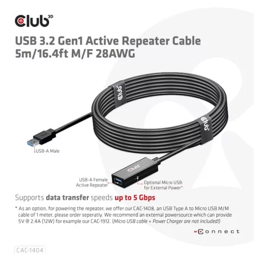 Club 3D kábel - CAC-1404 (3.2 USB-A, M/F, Active Repeater, 5Gbps, 5m)