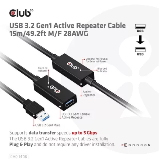 Club 3D kábel - CAC-1406 (3.2 USB-A, Active Repeater, 5Gbps, 15m)