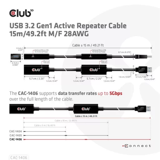 Club 3D kábel - CAC-1406 (3.2 USB-A, Active Repeater, 5Gbps, 15m)