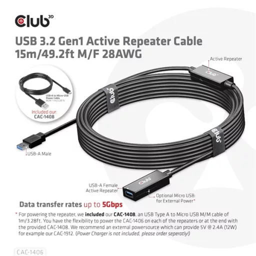 Club 3D kábel - CAC-1406 (3.2 USB-A, Active Repeater, 5Gbps, 15m)