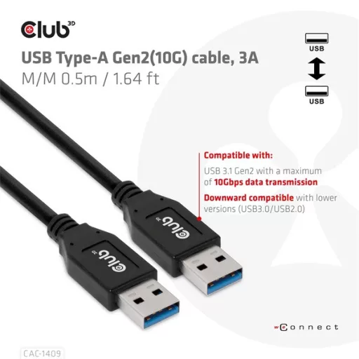 Club 3D kábel - CAC-1409 (USB-A Gen2, M/M, 10Gbps, 3A, 15W, 5V/3A, 0.5m)