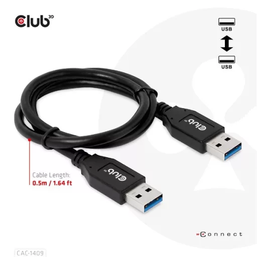 Club 3D kábel - CAC-1409 (USB-A Gen2, M/M, 10Gbps, 3A, 15W, 5V/3A, 0.5m)
