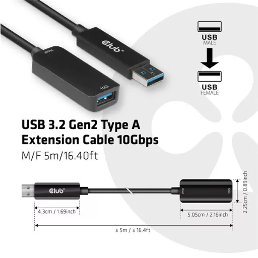Club 3D kábel - CAC-1411 (3.2 USB-A 10 Gbps, M/F, 5m)