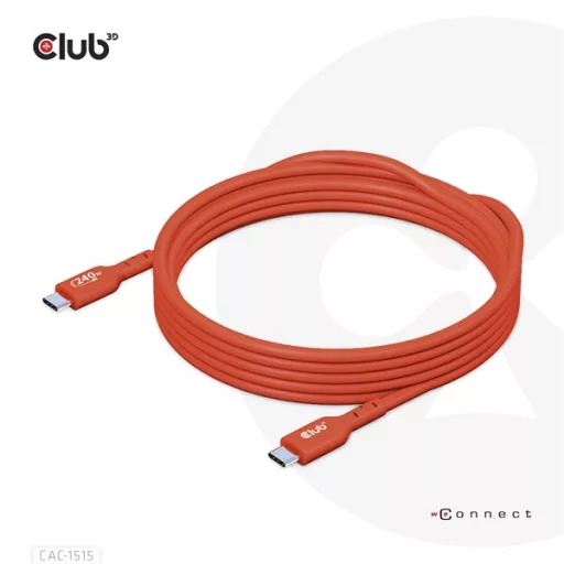 Club 3D Kábel - CAC-1515 (USB2.0 USB-C, 480Mb, 240W PD, kétirányú, USB-IF Certified, M/M, 4m)