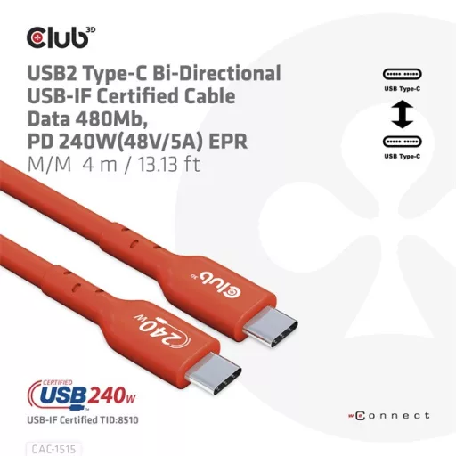 Club 3D Kábel - CAC-1515 (USB2.0 USB-C, 480Mb, 240W PD, kétirányú, USB-IF Certified, M/M, 4m)