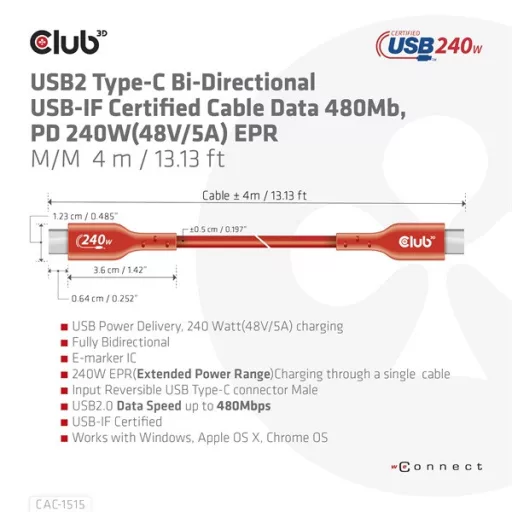 Club 3D Kábel - CAC-1515 (USB2.0 USB-C, 480Mb, 240W PD, kétirányú, USB-IF Certified, M/M, 4m)