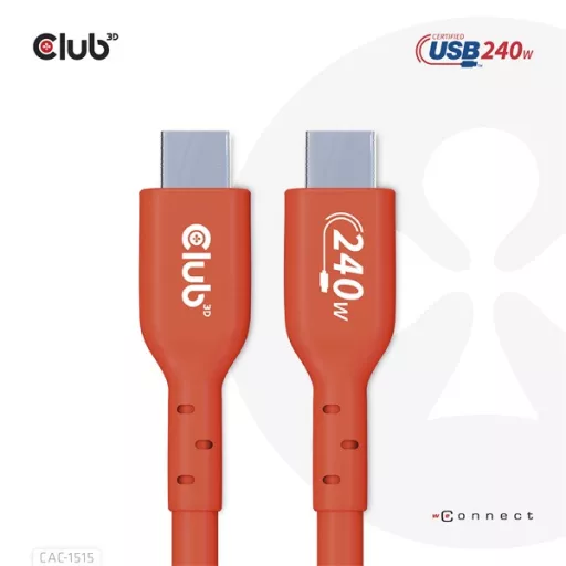 Club 3D Kábel - CAC-1515 (USB2.0 USB-C, 480Mb, 240W PD, kétirányú, USB-IF Certified, M/M, 4m)