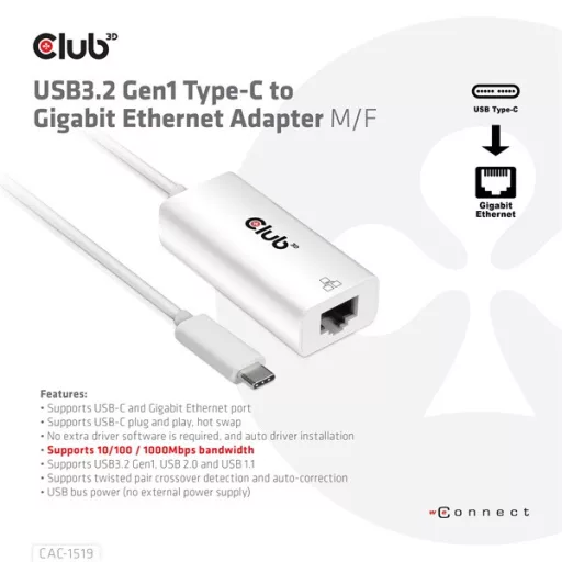 Club 3D Átalakító - CAC-1519 (3.2 USB-C Gen 1 to RJ45 1GB Ethernet, aktív)
