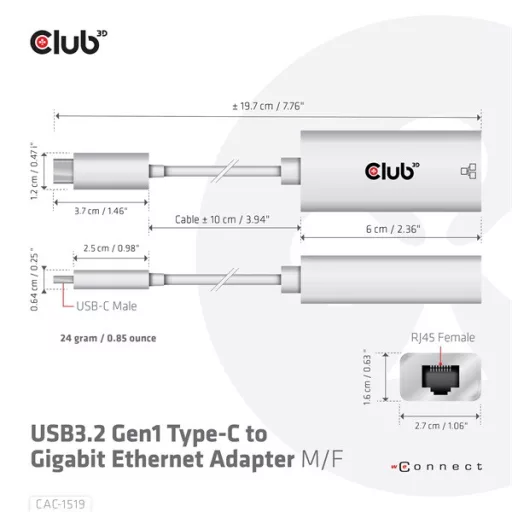 Club 3D Átalakító - CAC-1519 (3.2 USB-C Gen 1 to RJ45 1GB Ethernet, aktív)